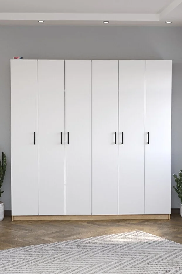 6 Kapaklı 16 Raflı Gardırop Elbise Dolabı 6 Kapaklı Gardırop Smyrna Safir Meşe Beyaz